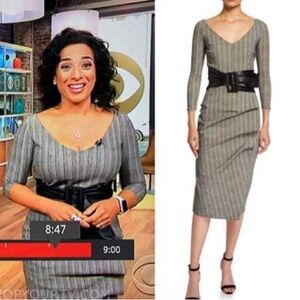 CHIARA BONI Le Petite Robe V-Neck 3/4 Sleeve Belted Herringbone Dress size 46